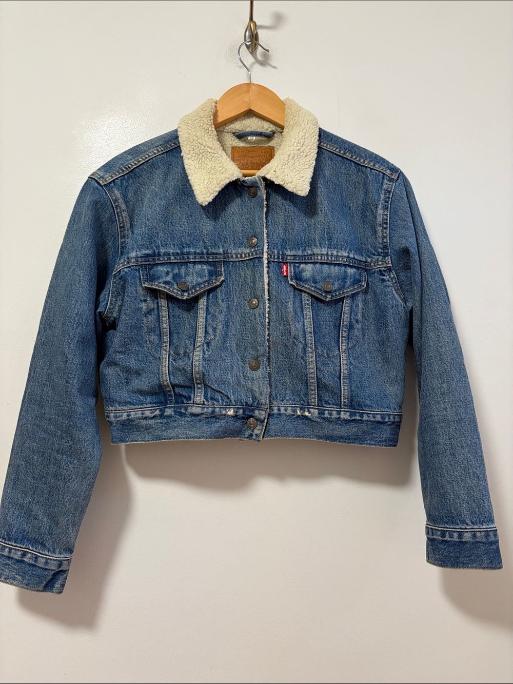 Levi's Cropped Sherpa Trucker Jacket Womens Medium Blue Fleece Hand Painted